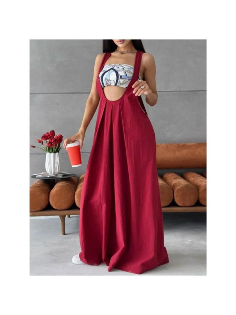 Pleated Overall Dress with Pockets